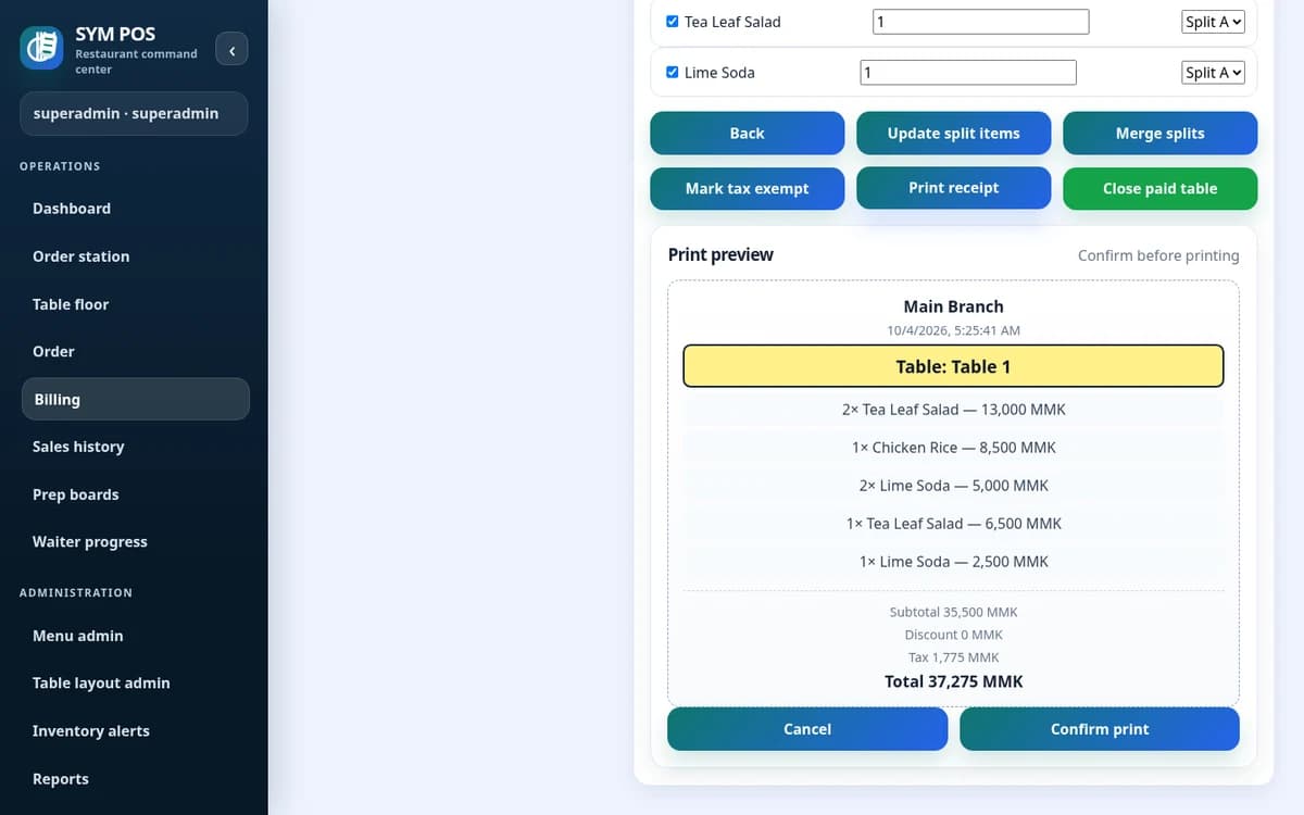SYM POS a clear receipt at closeout with synthetic evaluation data