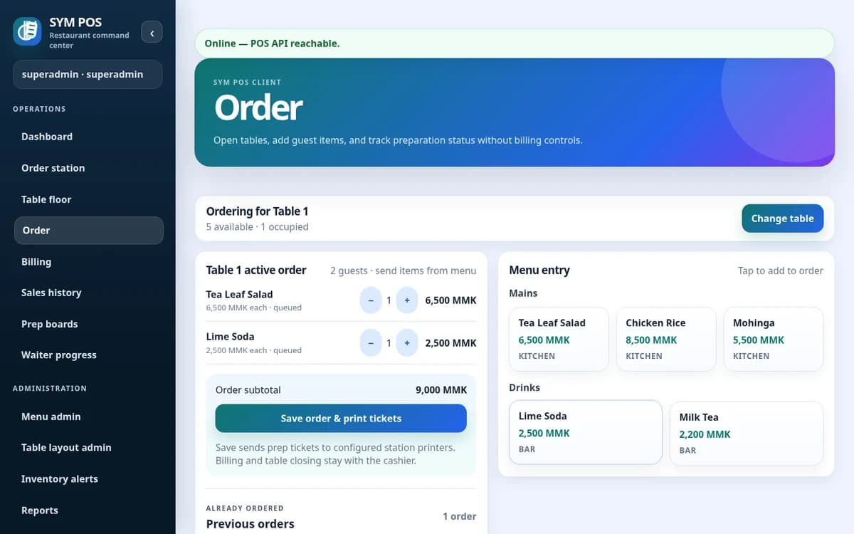 Actual SYM POS order entry screen with sample restaurant data